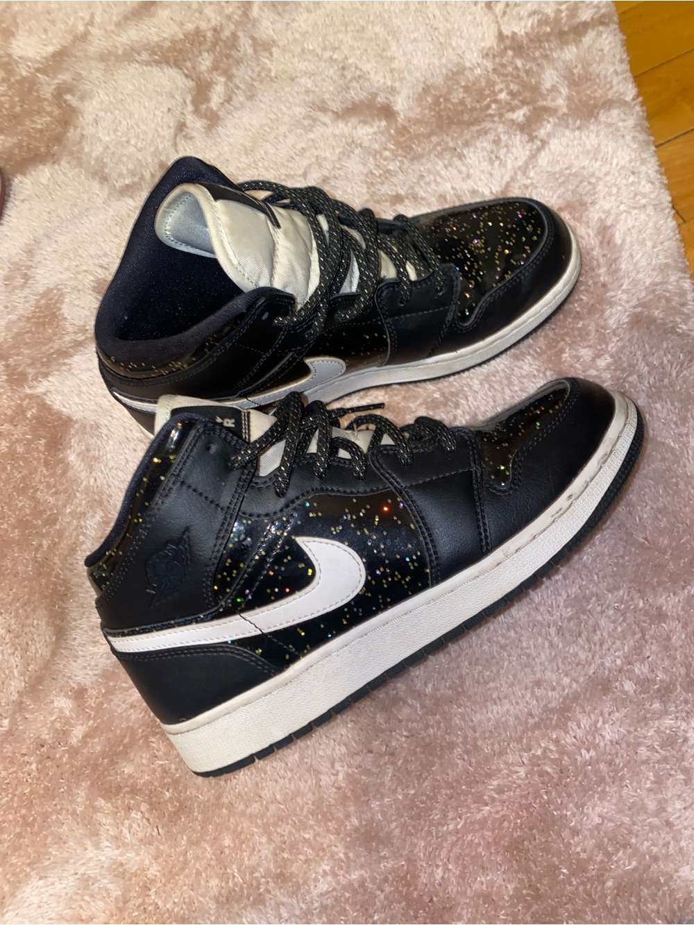 Nike Kids Black High-Top Sneakers with White Swoosh and Multicolor Glitter